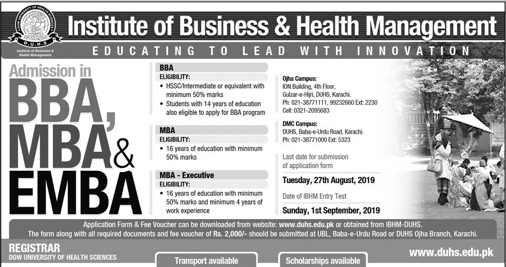 Undergraduate and Postgraduate Admission Open at Institute of Business & Health Management, DOW University of Health Sciences Karachi