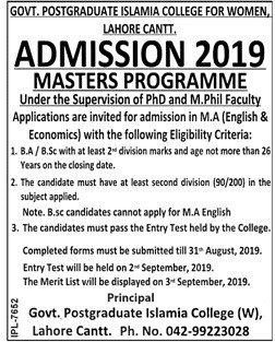 Postgraduate Admission Open in Govt Postgraduate Islamia College For Women Lahore Cantt