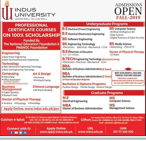 Undergraduate & Postgraduate Admission Open in Indus University Karachi