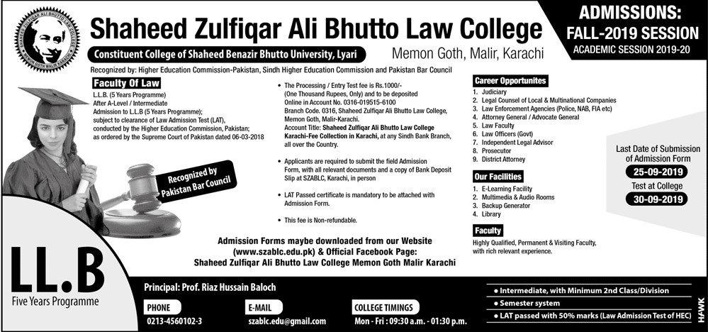 Admission Open in Shaheed Zulfiqar Ali Bhutto University of Law Karachi