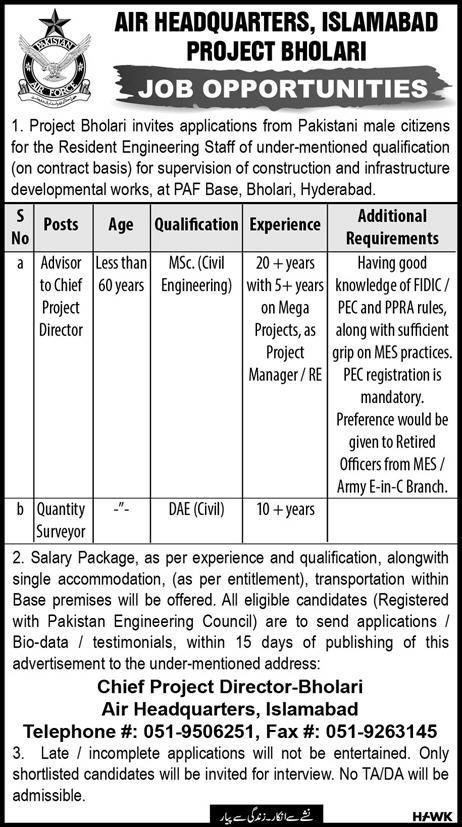 Join Pakistan Air Force as Advisor to Chief Project Director & Quantity Surveyor Hyderabad