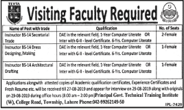 Visiting Faculty Required at Govt Technical Training Institute Township Lahore