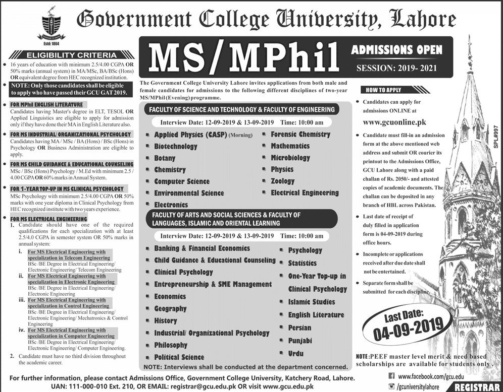 Postgraduate Admission Open in Govt College University (GC University) Lahore