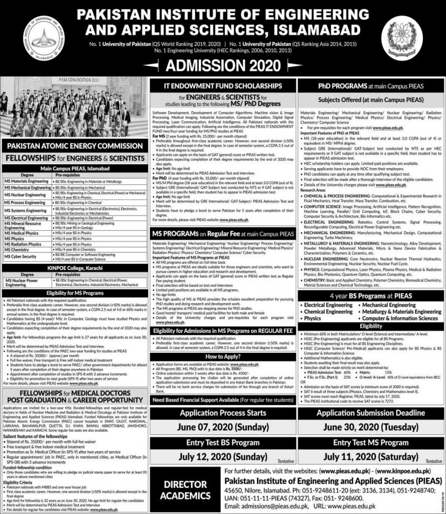 Undergraduate & Postgraduate Admission Open at Pakistan institute of Engineering & Applied Sciences (PIEAS) Islamabad