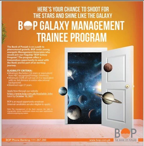 BOP Galaxy Management Trainee Program – Bank of Punjab MTO Program