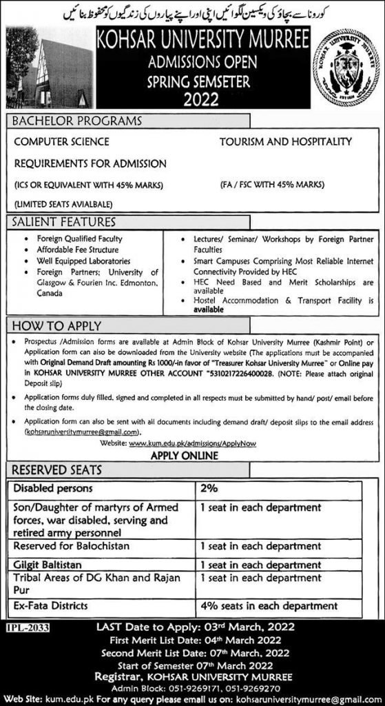 Admissions in Kohsar University  Muree – computer science, Tourism and Hospitality