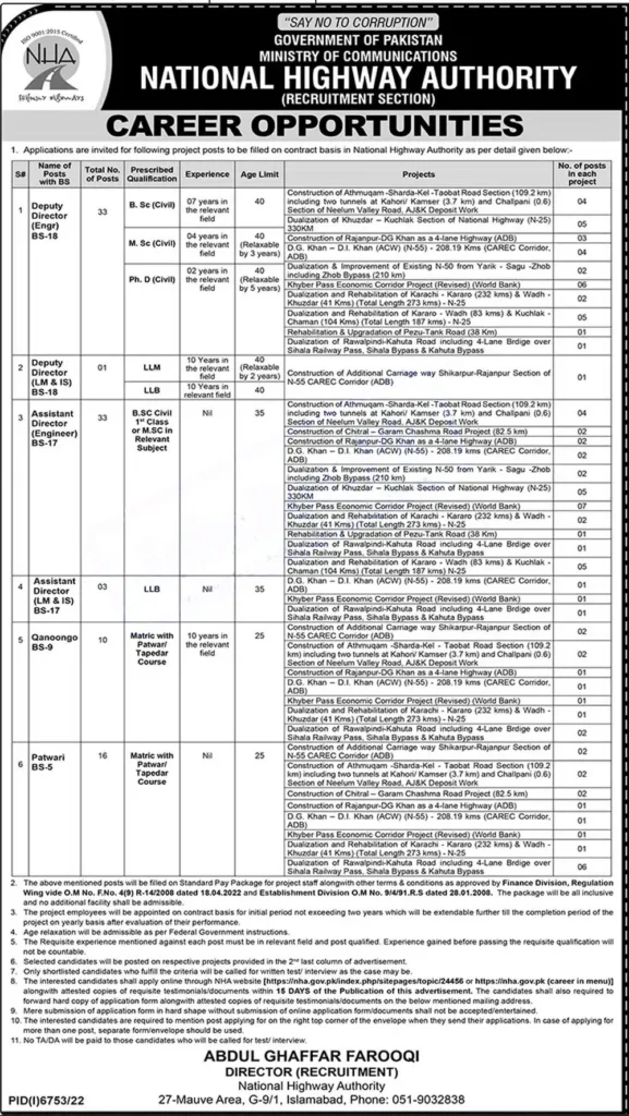 NHA jobs 2023 – Apply online – National Highway Authority jobs 2023 – civil engineer jobs in Pakistan-  Patwari, Assistant Director, Deputy Director